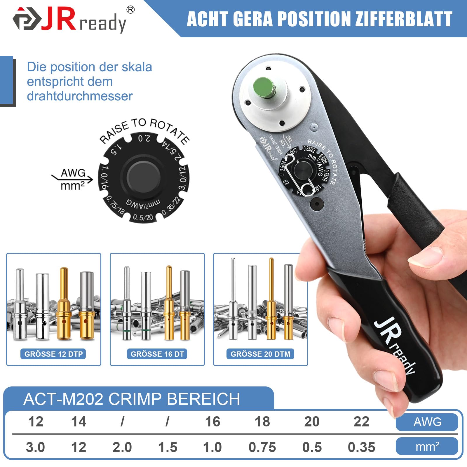 JRready ACT-M202 Herramienta de Engaste Deutsch para Contactos Sólidos de Calibre 12 16 20 Localizador de Conectores Herramienta de Engaste de una Pieza Equivalente HDT-48-00 Deutsch (12-22AWG)