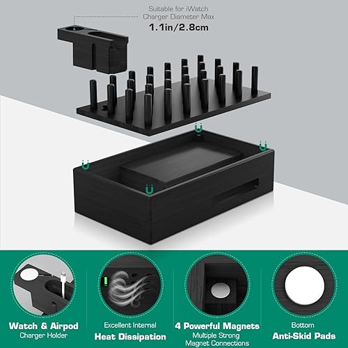 Miniatura 3 de Estación de carga de bambú para múltiples dispositivos con 7 puertos USB, 6 cables mixtos y soporte de reloj, estación de acoplamiento de escritorio