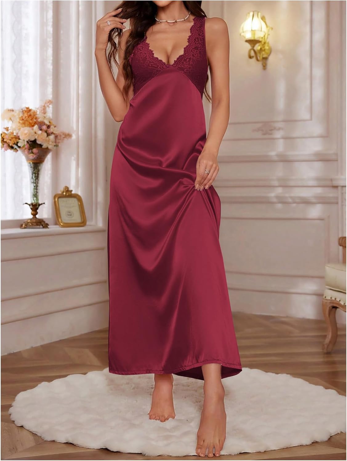 WDIRARA Women's Lace Backless Sexy Long Satin Sleepwear Deep V Neck Sleeveless Nightgown - Image 3