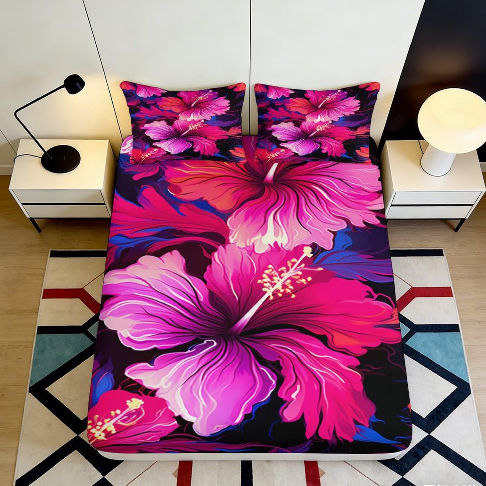 3D Printed Hibiscus Flower Fitted Sheet Microfiber Soft Breathable Tropical Leaf Bed Cover for Bedroom Guest Room Decor 90x200x25cm