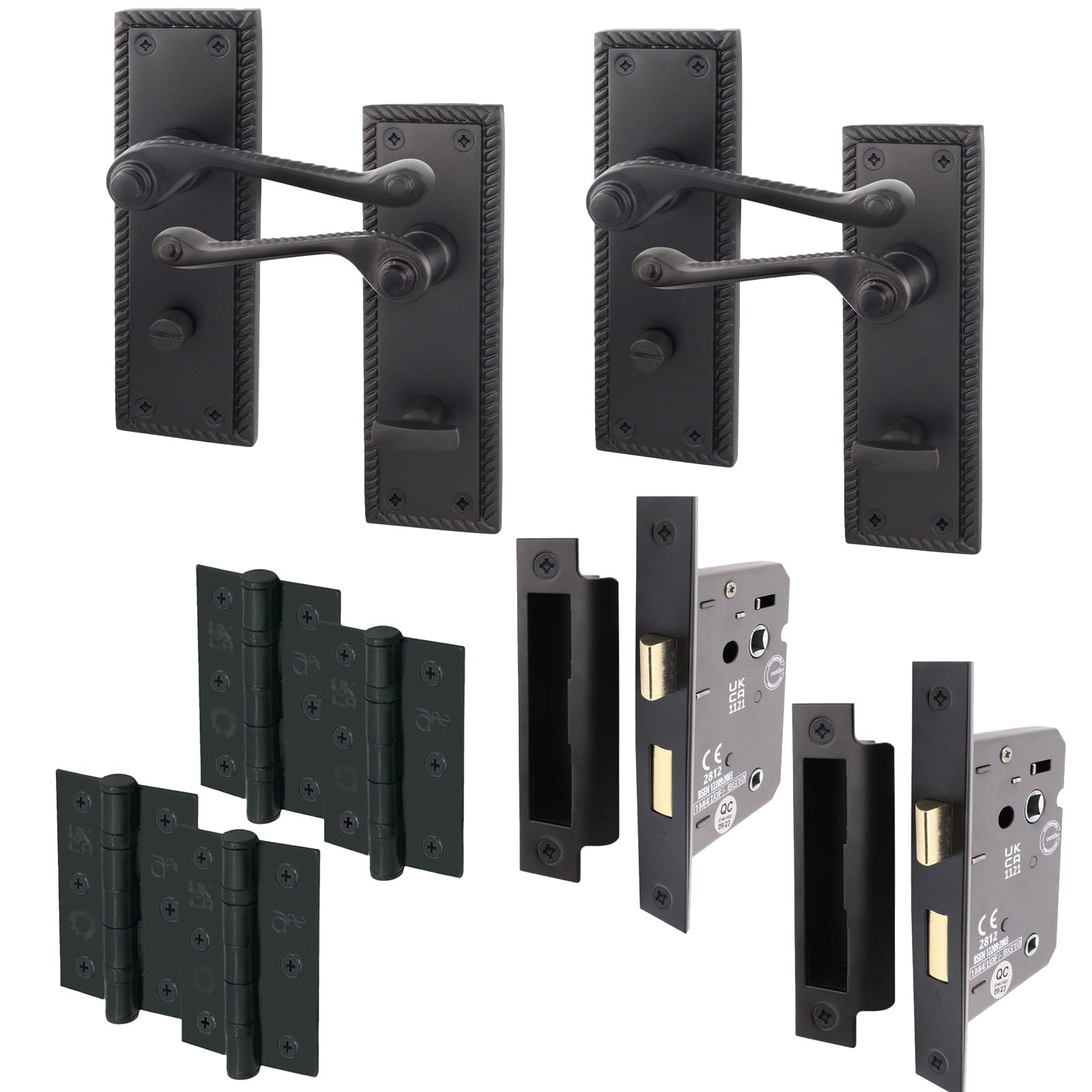 Eai Matt Black Georgian Scroll Bathroom Door Handle Set - 2 Pairs Internal Lever Handles, Hinges & Locks 64Mm - Rope Design