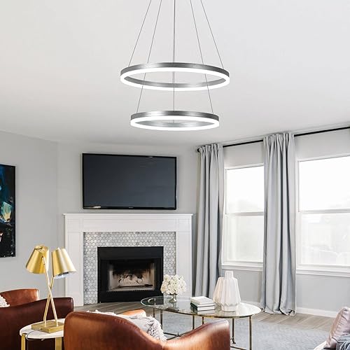 Miniatura 4 de XGZL  LIGHTING Candelabro LED moderno de 2 anillos plateado para comedor, iluminación colgante regulable con control remoto, montaje circular
