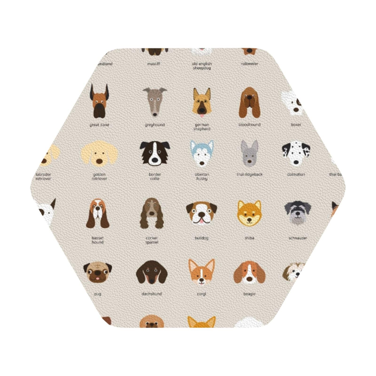 Dog breed PU Leather Coasters Set of 6 Hexagon Drink Coasters