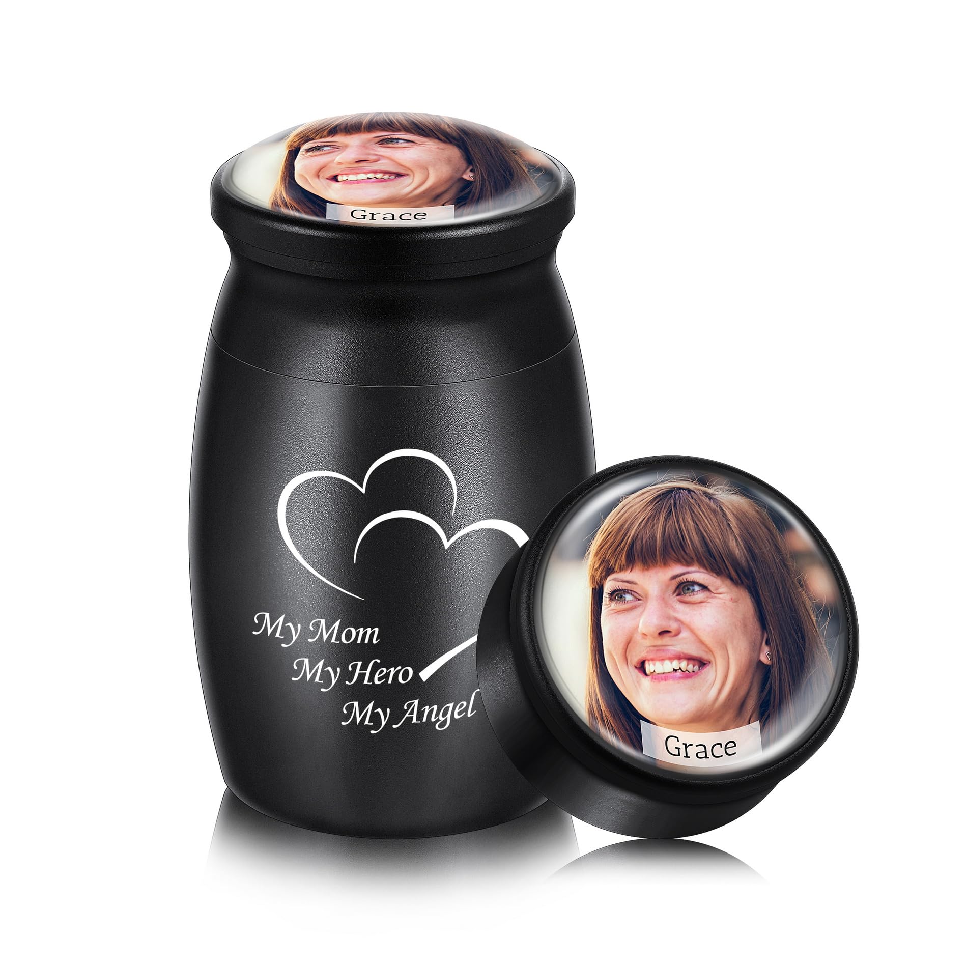 OTXIXTO Personalized Photo Small Urns for Human Ashes Mini Urns for Ashes Custom Engraving Text Holder Aluminum Cremation Keepsake for Human Pet Dog Cat (Black-Optional Text)