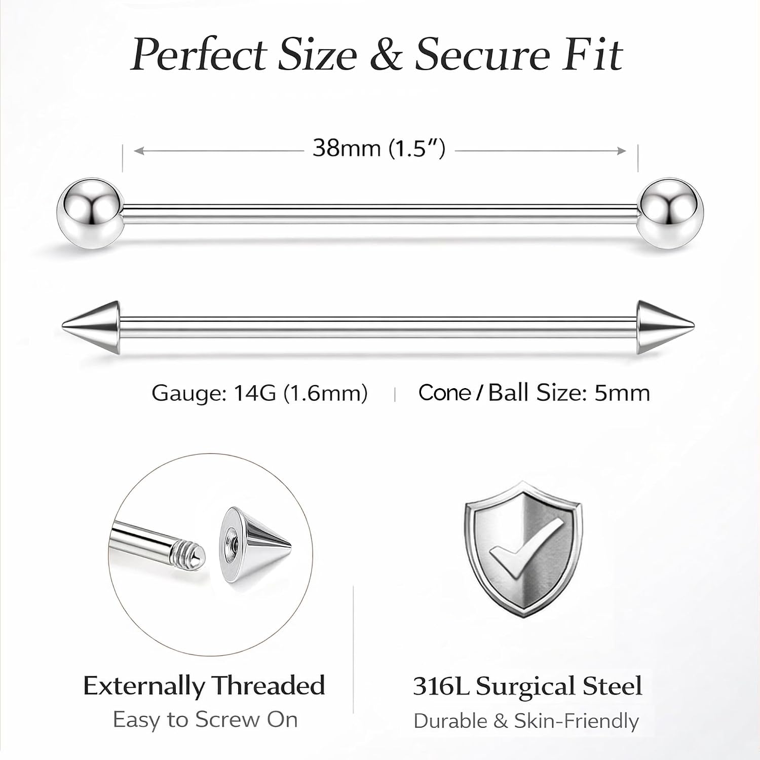 14G Classic Industrial Piercing Jewelry Surgical Steel, Minimalist Spike Industrial Bar for Women and Men, 14 Gauge 38mm