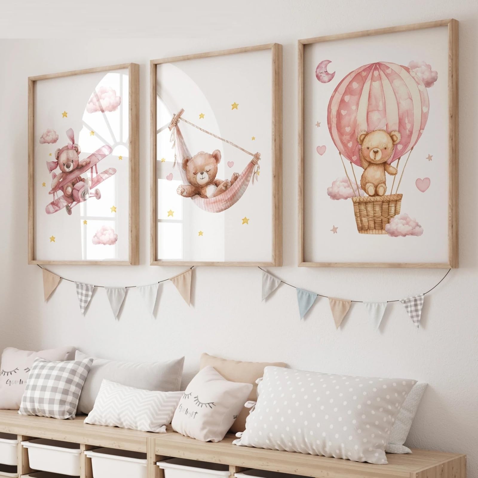 Baibexing Cartoon Pink Bear Wall Art Print Canvas Painting Poster Picture For Living Room,Bedroom,Kids Room Home Decor 50X70Cmx3Pcs Unframed