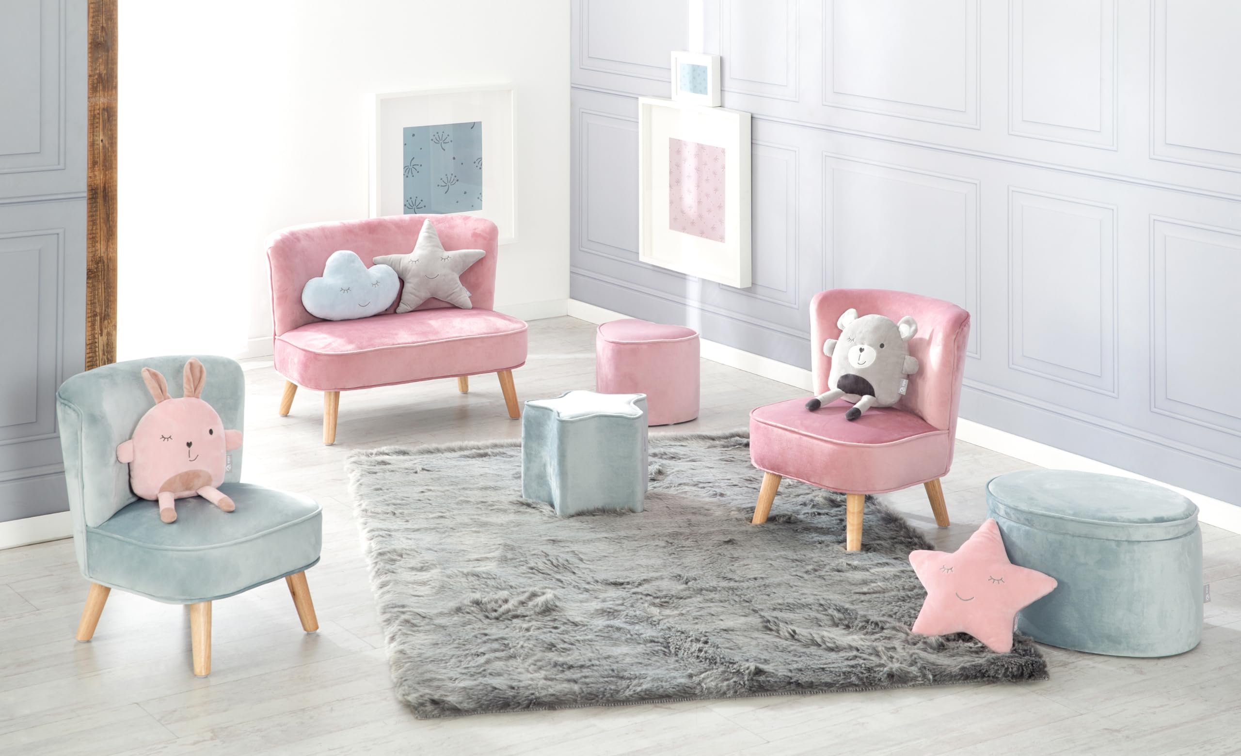 roba Kanapa dziecięca Lil Sofa dla dziewczynek i chłopców - Wygodna kanapa dla dzieci - Stabilne drewniane nóżki - Materiał z weluru w kolorze różowym