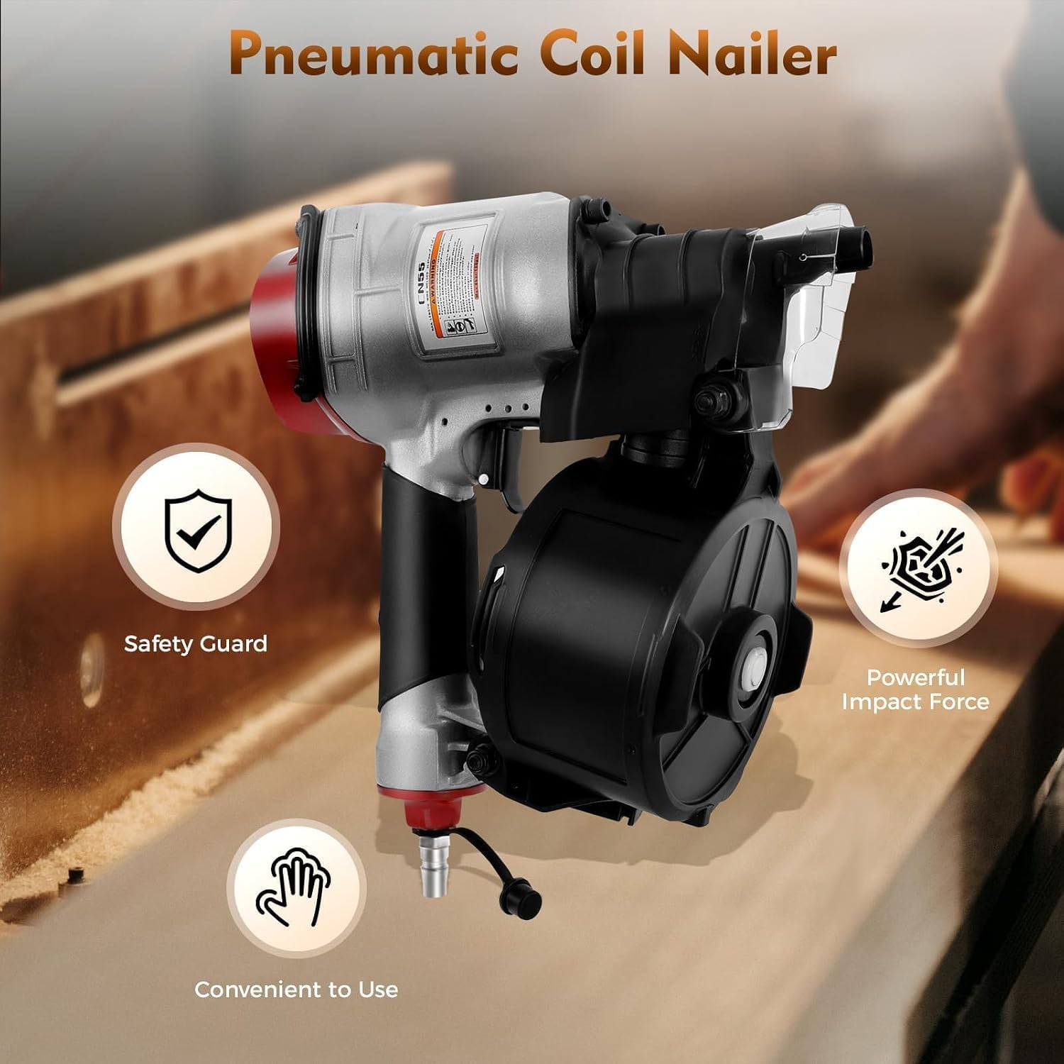 Clavadora neumática de bobina Cn55, clavadora neumática para estructuras de madera y cercas, clavadora para revestimientos con gafas de seguridad, herramientas de bricolaje