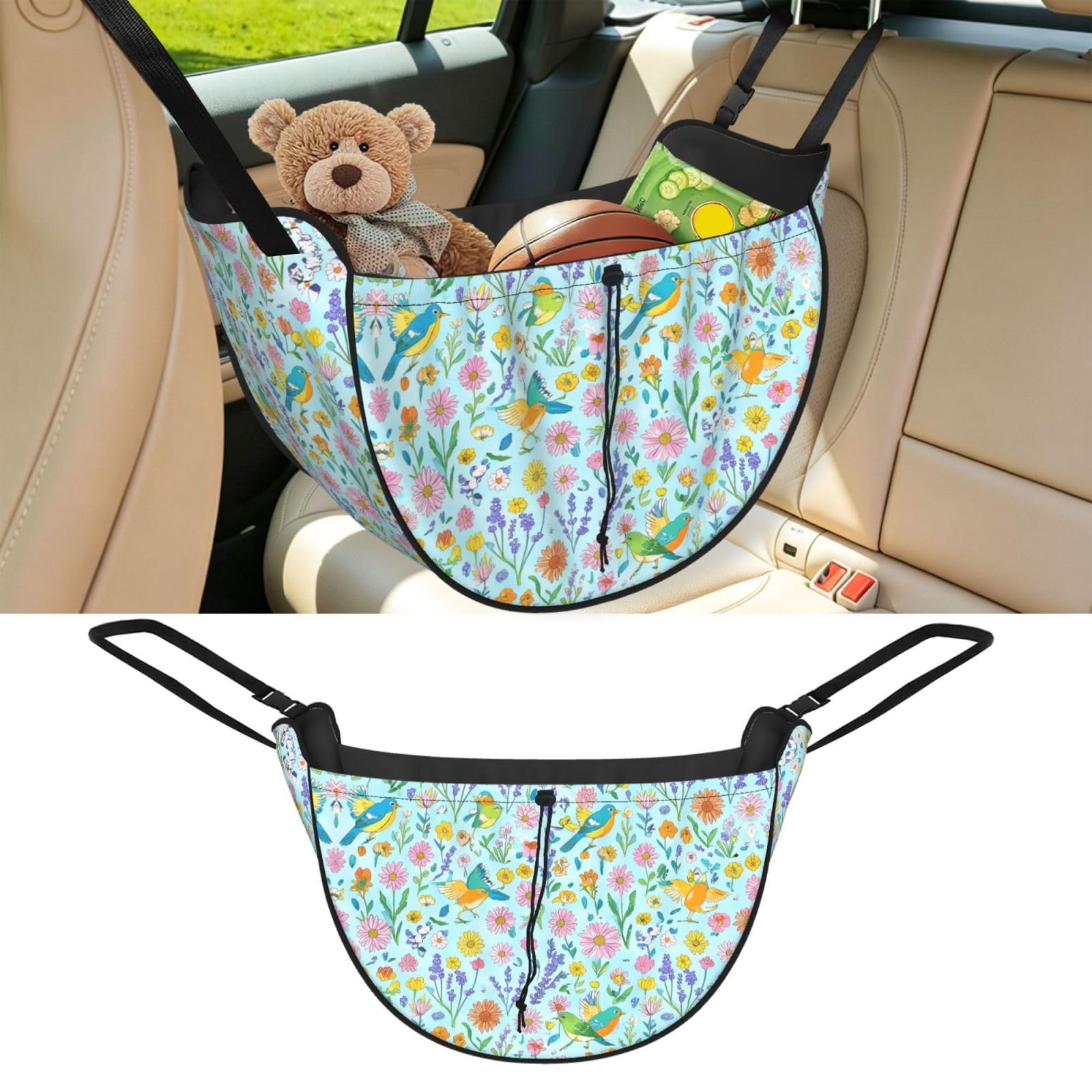 Cntdbu Black Flower Bird Car Seat Organizer-Backseat Storage Bag For Travel