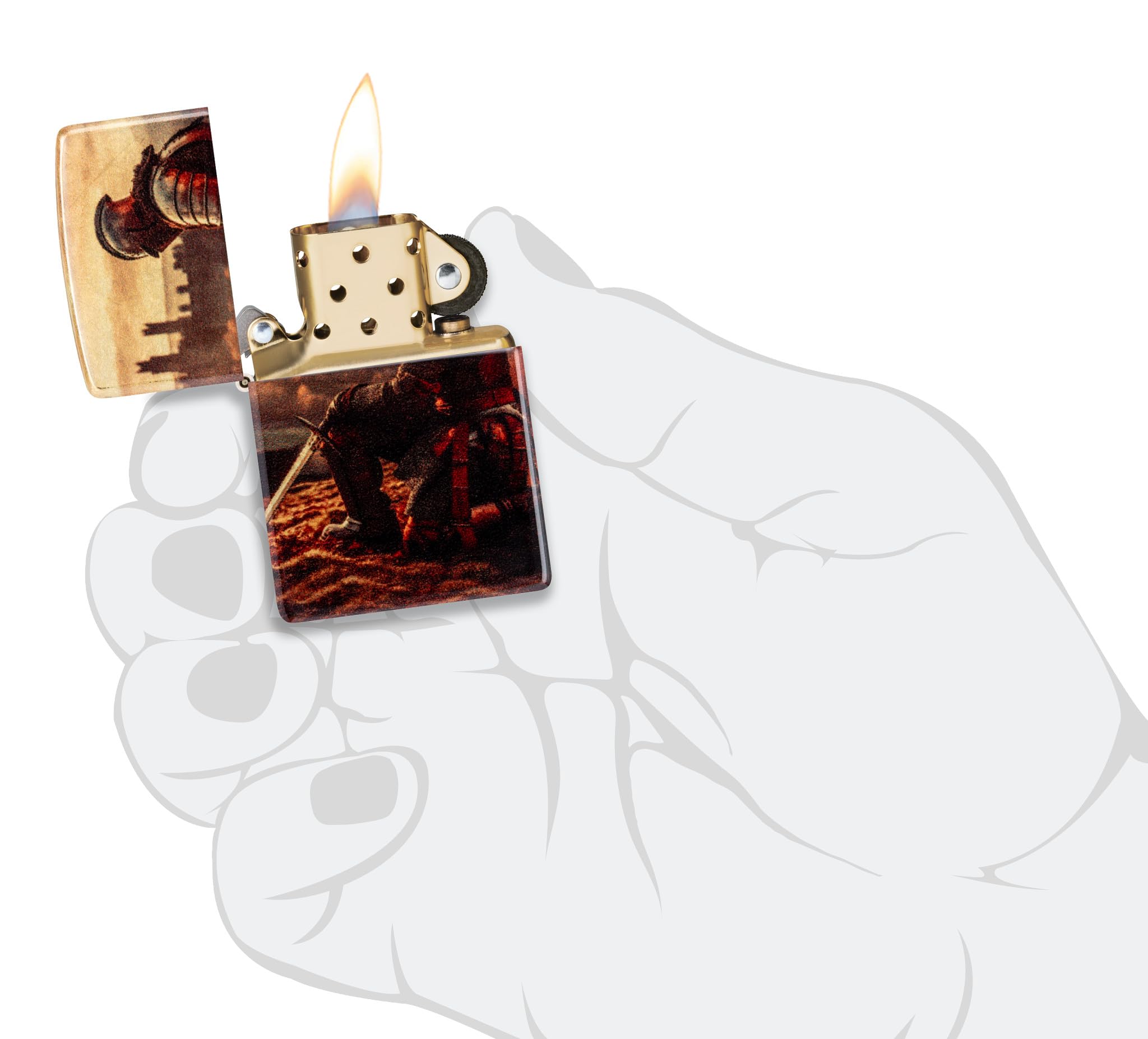 Zippo - Briquet tempête, Motif Chevalier, Impression 540° Fusion (mélange de Couleurs), Laiton Vieilli, Rechargeable, réutilisable, Design Coupe-Vent, boîte Cadeau, fabriqué aux États-Unis
