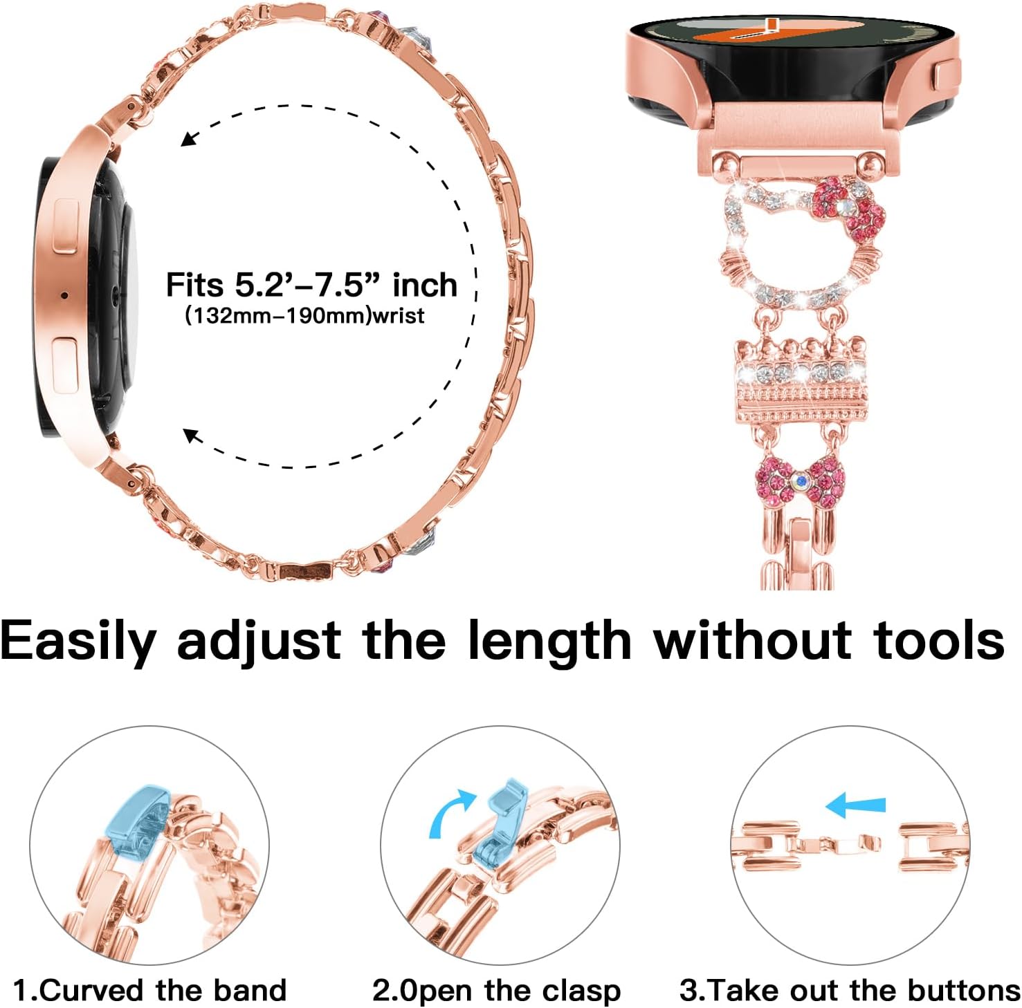 Cute Metal Bracelet Band Compatible with Galaxy Watch 7 6 5 4 FE Band 40mm 44mm/Watch 6 4 Classic/Active 2/Watch 5 Pro Band 45mm Women, 20mm Bling Diamond Jewelry Metal Strap Dressy Fancy Wristband - Image 2