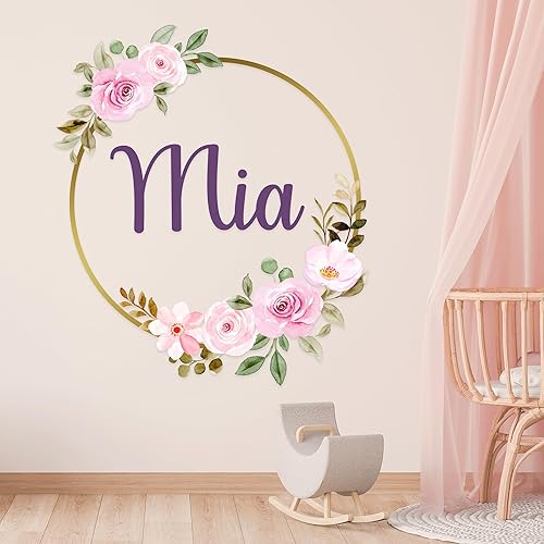 Decoración de pared de flores personalizada, calcomanías de pared florales coloridas I Calcomanía de pared con letra cursiva personalizada con