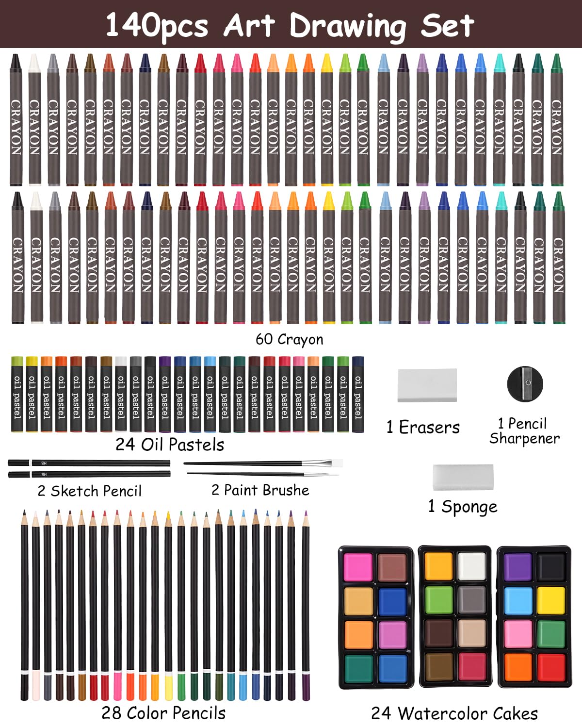 Malette Dessin, 140 Pièces Kit Dessin Enfant Adultes, Sets de Dessin, Mallette de Coloriage, Crayons de Couleur, Aquarelle, Pastels,Brun