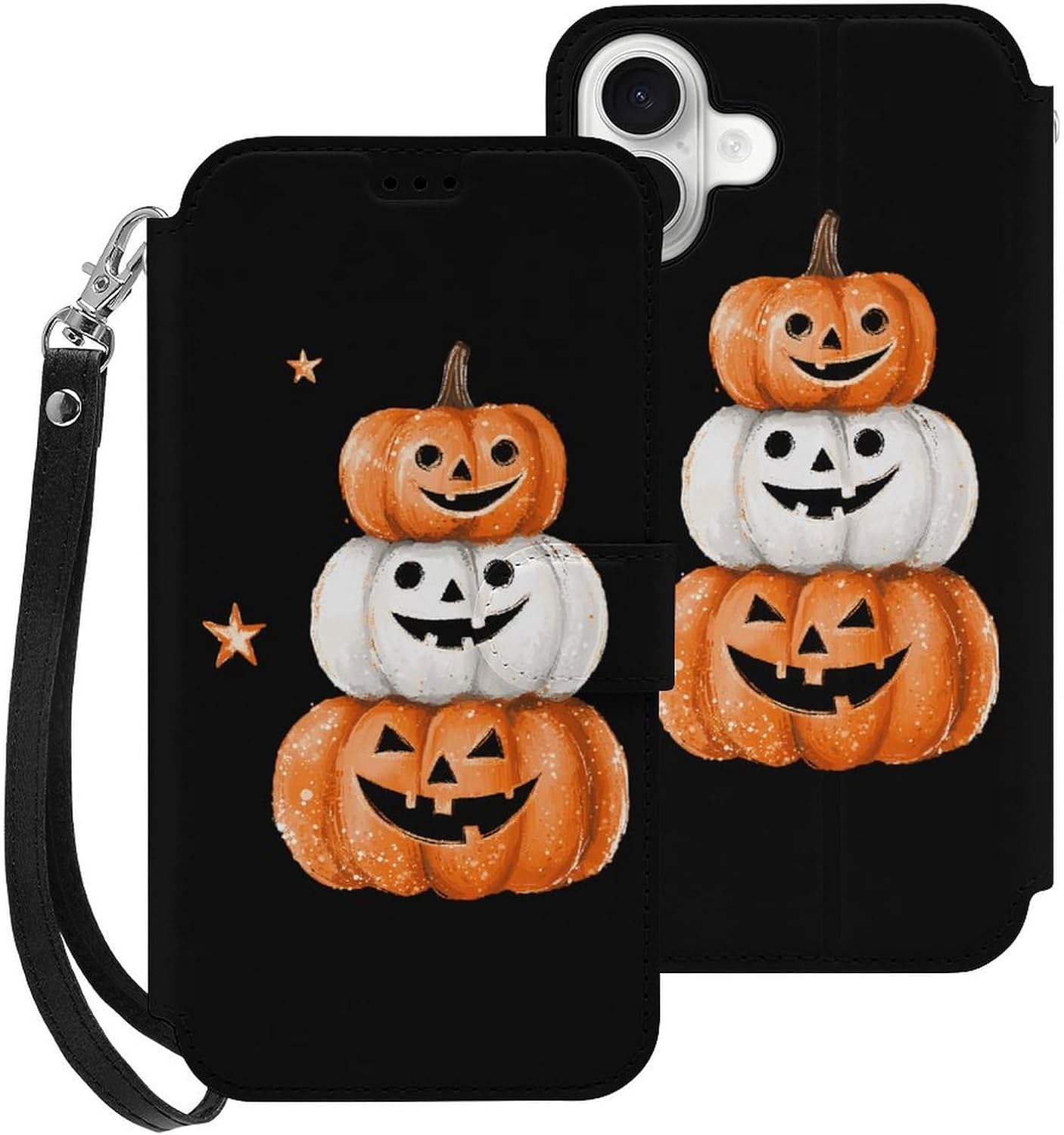 Halloween Cute Pumpkins Compatible with iPhone 16/16 Plus/16 Pro/16 Pro Max/16 E Case Phone Wallet Card Holder Flip Cover with Wrist Strap
