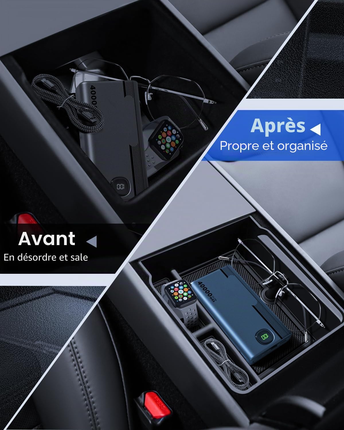 5 Pcs Accessoires pour Tesla Model 3 2024-2026 Organisateur de Console Centrale, Plateau en Silicone, Boîte de Rangement pour Accoudoir, Boîte Cachée et Porte-Gobelet