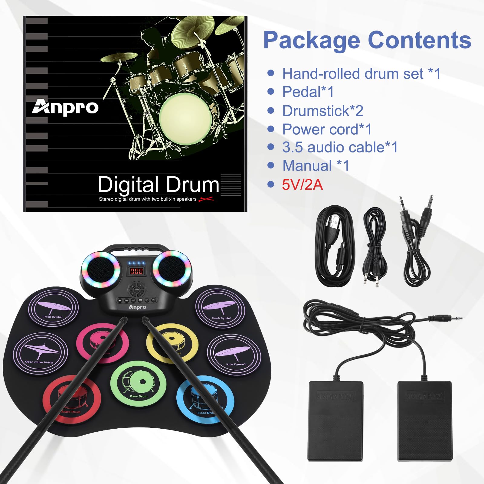 Anpro Batteria Elettronica Digitale Tamburo Set, 9 Drum Pads con 2 Bacchette Pedali, Schermo LED, Portatile Pieghevole