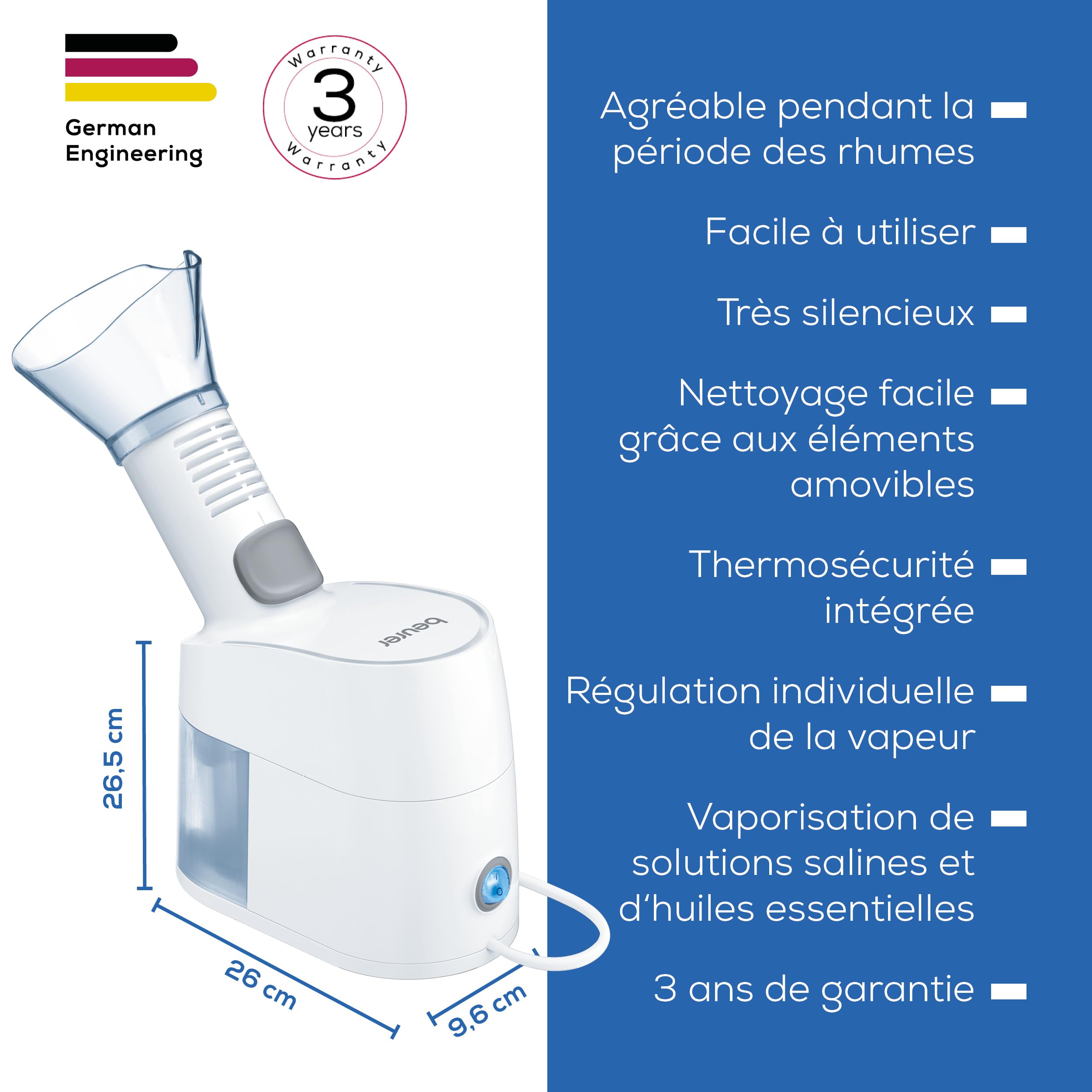 Beurer SI 40 Nébuliseur à vapeur, pour l'humidification de la bouche, du nez et de la gorge, nébulisation de solution saline et d'huiles essentielles, humidificateur d'air, extra silencieux