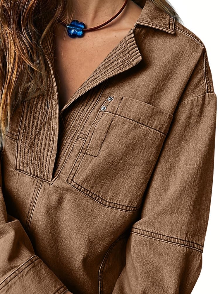 Maglietta Jeans da Donna con Scollo a V Tops a Maniche Lunghe in Denim alla Moda Vintage Casual Camicia in Cowboy con Tasche Business Office Streetwear