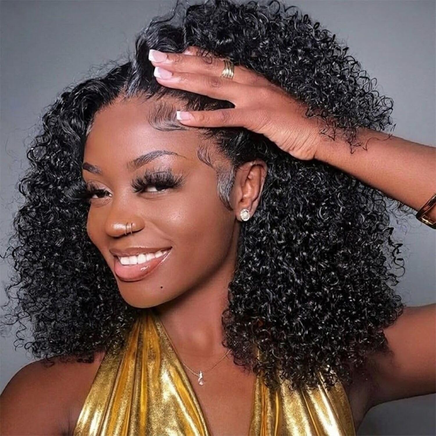 Short Curly Bob Lace Wig Precut Preplucked Glueless Mid Part 200% Density Bouncy Curly Human Hair Wigs 300 Density Glueless... From  main image 4