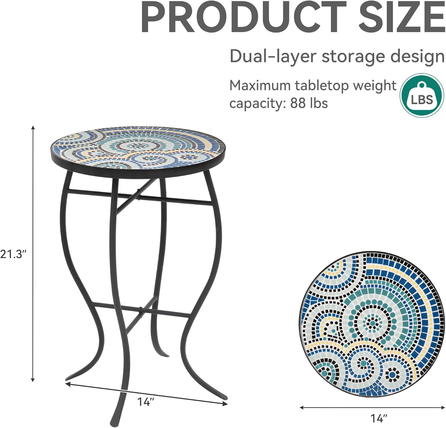 Side Table Outdoor, Mosaic Patio Table Plant Stand, 22" H Iron Coffee End Table,Weather Resistant Tile Top Metal Drink Bar Table for Indoor Garden Balcony Yard Bistro Balcony