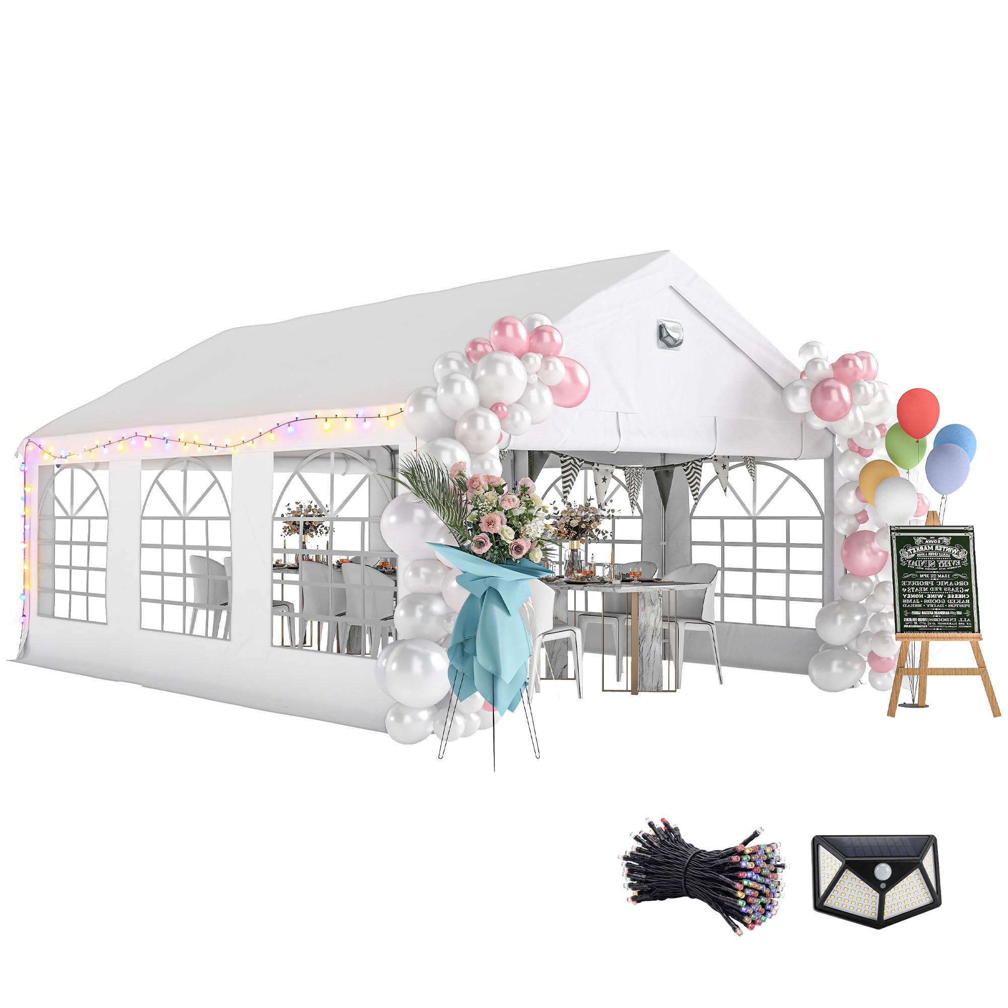 Outsunny Carpa para Fiesta 4x6 m con Luces LED, Tiras, Carpa de Jardín con Estructura Acero Galvanizado, Paredes Laterales Extraíbles, 2 Puertas con Cremallera, Ventanas, UPF30+, para Eventos, Blanco