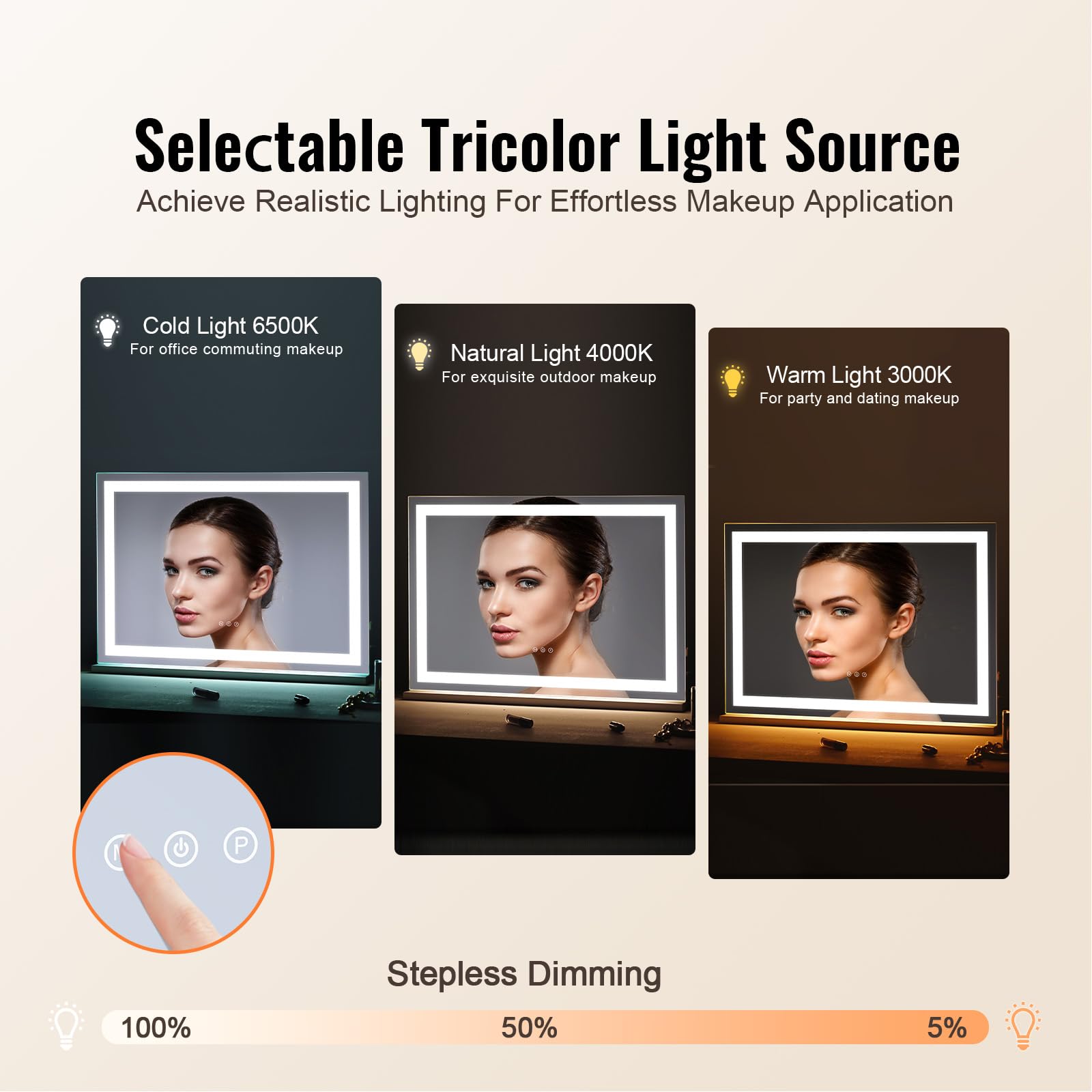 VEVOR Specchio per Trucco con Lampadine LED Porta USB Specchio per Trucco 3 Modalità di Illuminazione a Colori con Specchio Ingranditore 5X Rimovibile Controllo a Tocco Rotazione a 360° 797x547mm