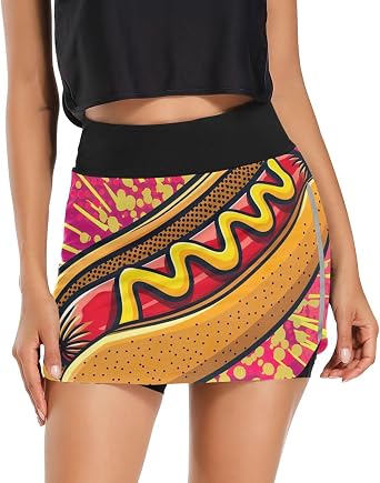 ODAWA Art Hot Dog Tennis Skirts for Women Elastic Athletic Golf Skorts with Pockets - L