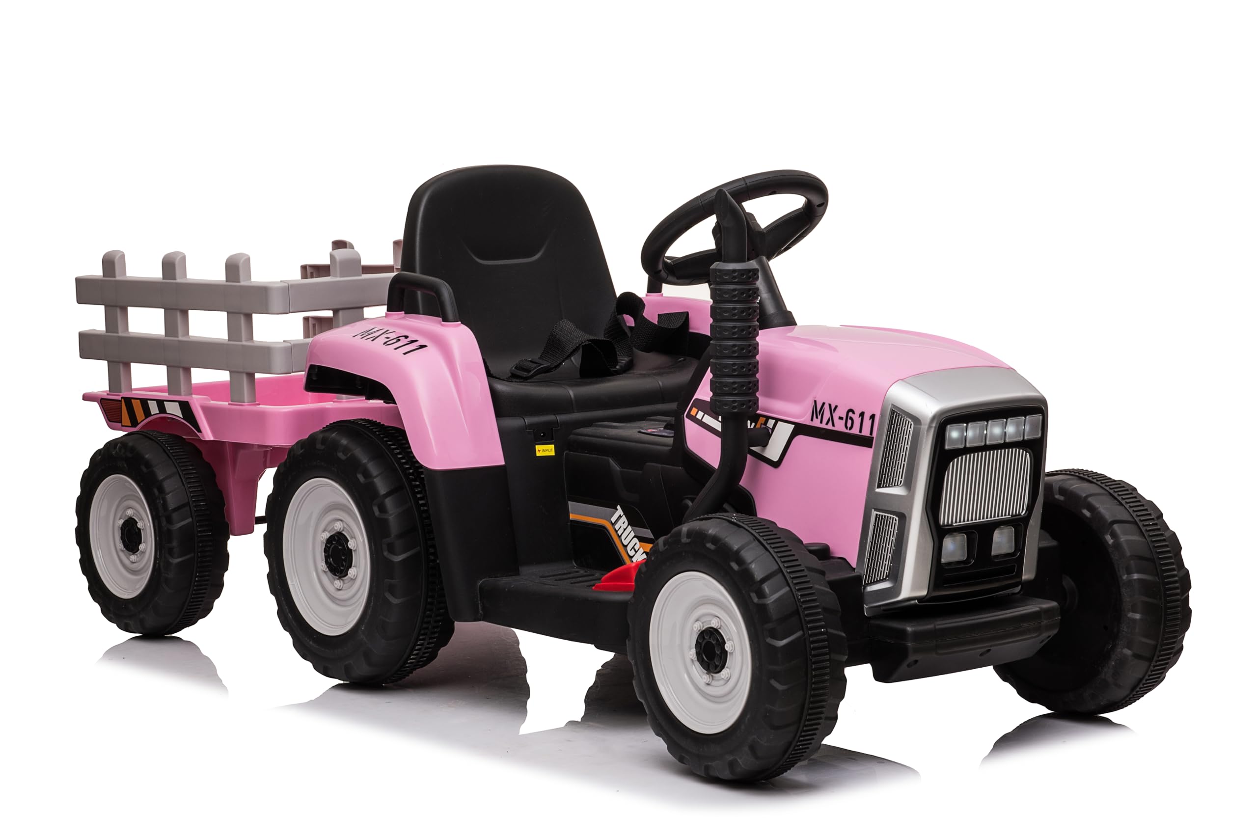 FINOOS 12V Tracteur Électrique Enfants avec Pelle & Remorque Amovible, Télécommande 2,4G, 2-6km/h, Rose