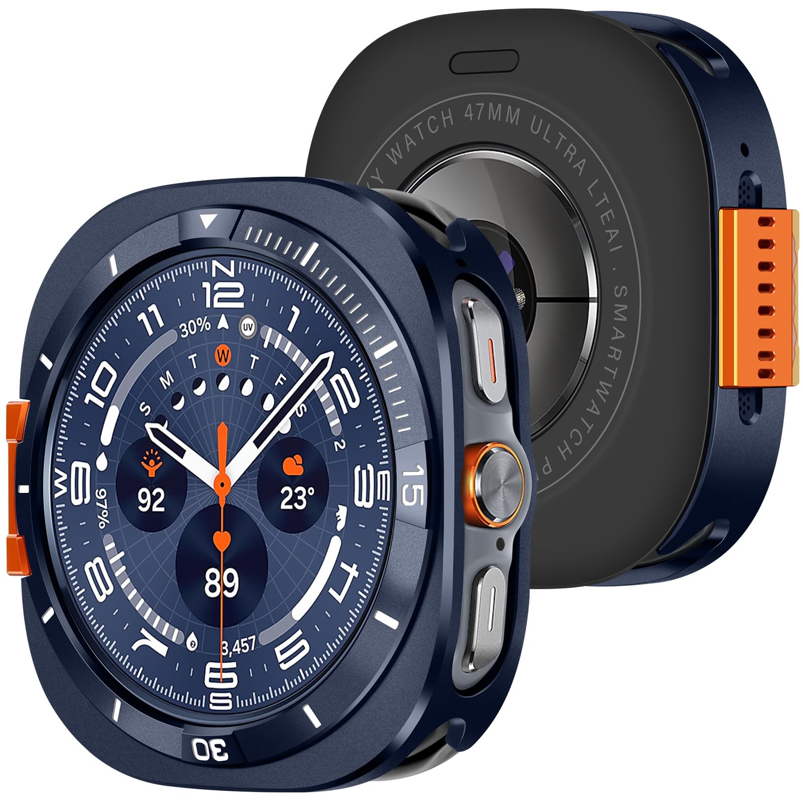 Amizee Metál Funda Compatible con Samsung Galaxy Watch Ultra Funda (2025/2024) 47mm con contraportada, Robusta Anti-Raspado Protección Carcasa para Galaxy Watch 7/8 Ultra, Azul/Blanco