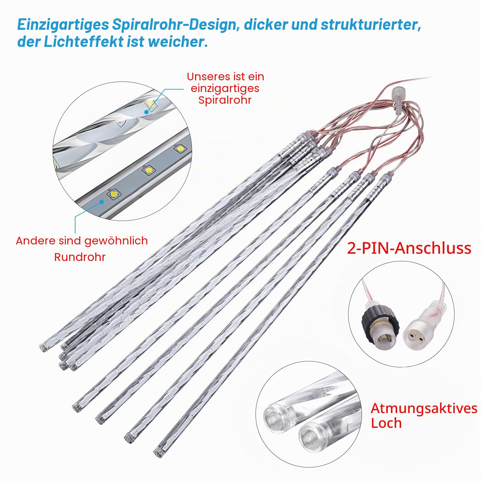 Weihnachtslichter für draußen, Meteorschauer Lichter 16 Spiralschläuche 30cm 480 LEDs 5,25m Lit Länge, Wasserdichte Schneefalllichter für Weihnachtsdekoration im Freien Baum Fenster (Weiß)