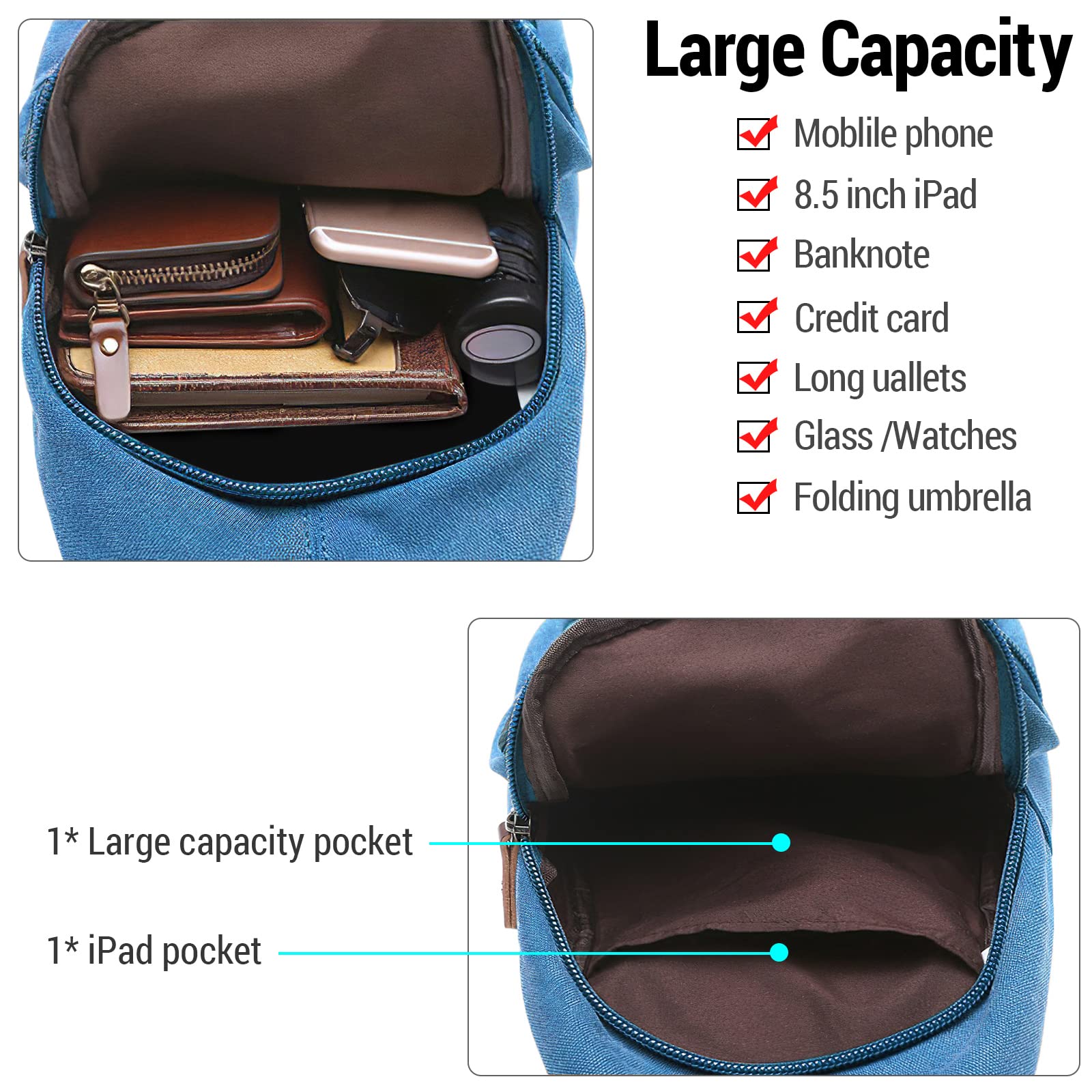 VARLIVOO Retro Sling Bag Bolsos de Hombro para Hombre Bolsos Cruzados Bandolera Bolsa de Pecho Crossbody Bolsa Senderismo Viajes Deportes al Aire Libre Cámping Ciclismo Montañismo Lona Cielo Azul