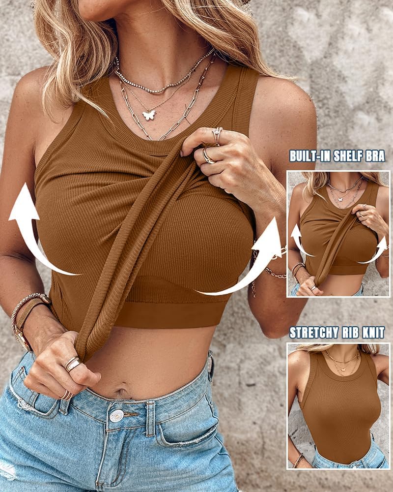 CHICME Women Built-in Bra Tank Tops Sleeveless Racerback Ribbed Fitted Tops image 3