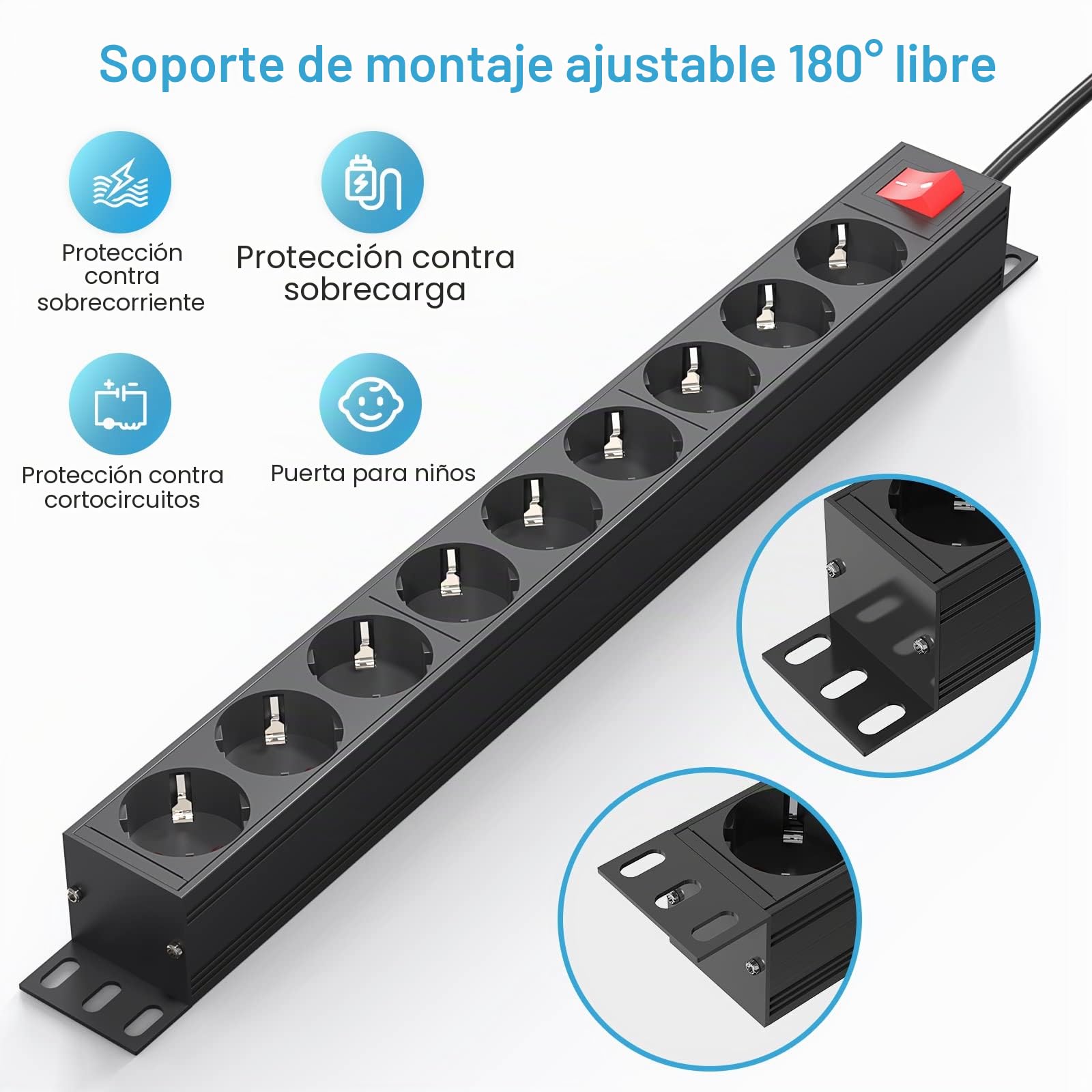 Regleta Enchufes con 9 Tomas, Enchufe Multiple, Regleta Enchufes con Interruptor, Regleta Eléctrica Rack de 19 Pulgadas, Cable de 2M, 3500W/16A para el hogar, Oficina y Viajes, Negro