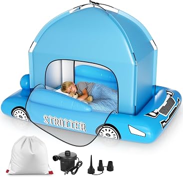 whiffee Inflatable Kids Travel Bed with Tent Foldable Portable Bed for Kid Ages 3+ Blow Up Kids Air Mattress with Safety Sides, Fast Pump, Carry Bag for Camping, Traveling, Grandmas House