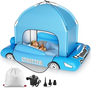 Inflatable Toddler Travel Bed with Tent – Foldable Portable Toddler Bed Cot - Blow Up Kids Air Mattress with Safety Bumper, Pump Carry Bag – Indoor Outdoor Nap Bed for Home, Camping, Hotel (Blue Car)