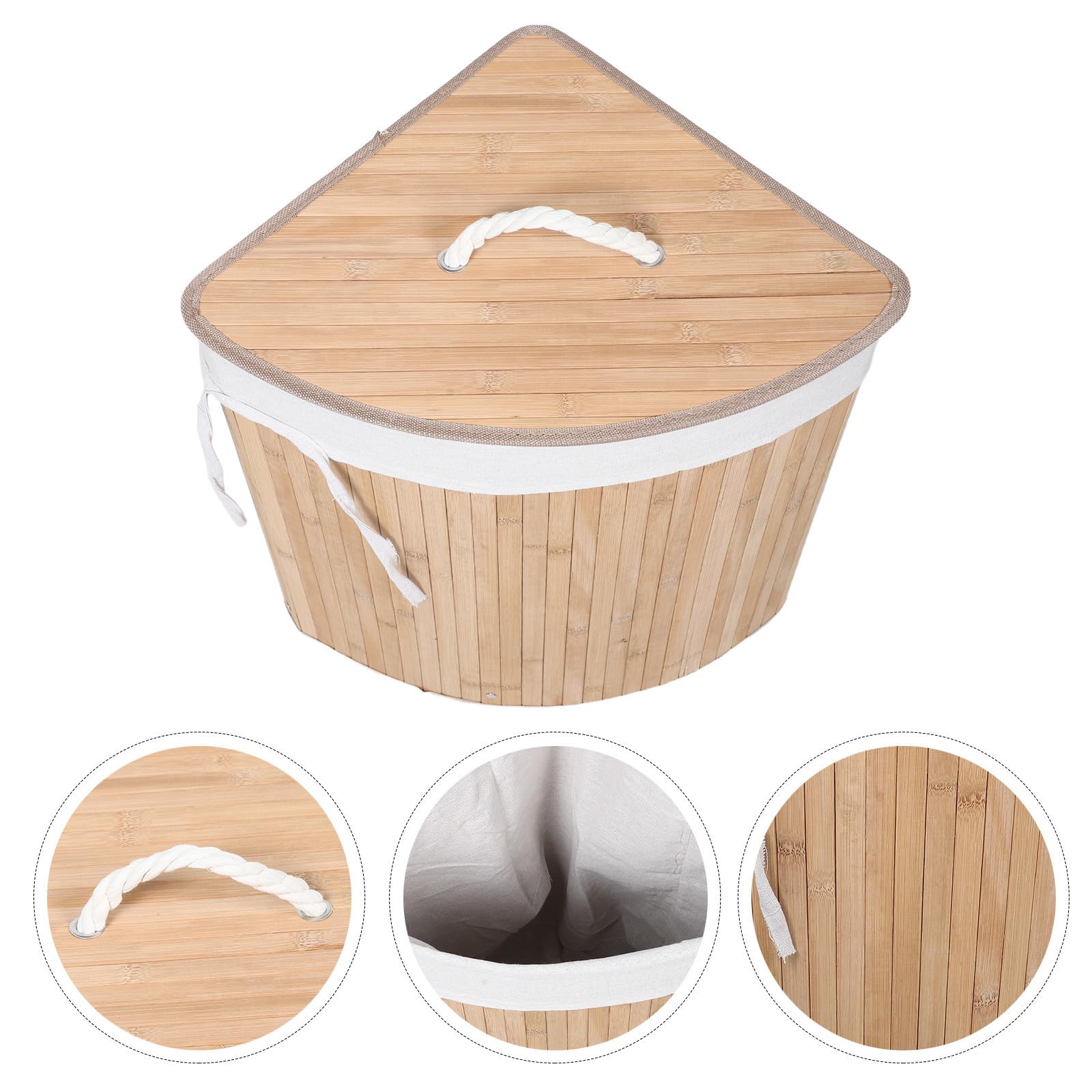 Cesto Biancheria Triangolare in Bambù con Coperchio e Manico | Fodera Rimovibile, Angolo Bagno e Camera, Superficie Liscia e Pulibile, Colore Beige