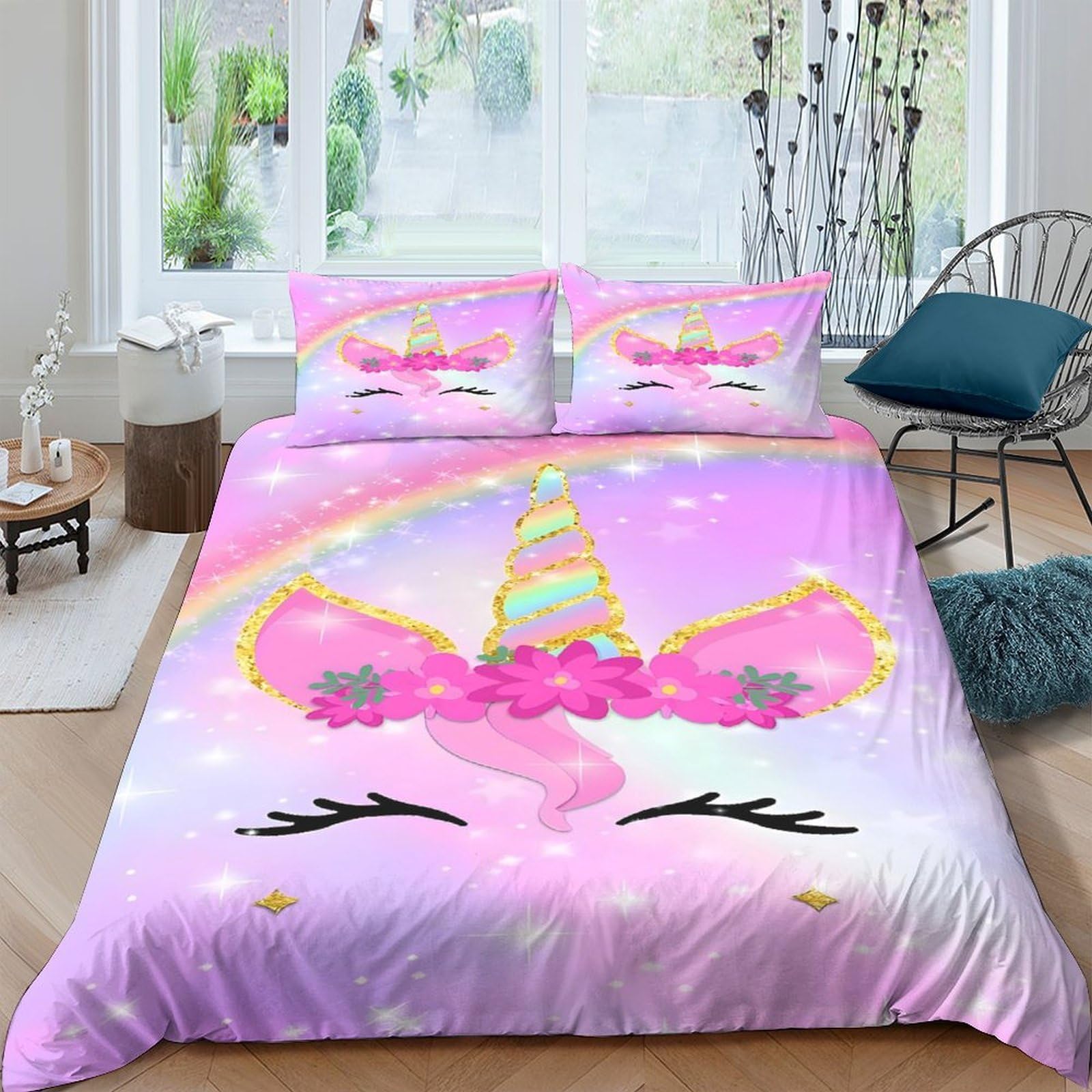 GPLZQXKJNH 3D Printed Unicorn Rainbow Duvet Cover Microfiber Soft Pink Bedding Set with 2 Pillowcases for Bedroom Decor Single（135x200cm）