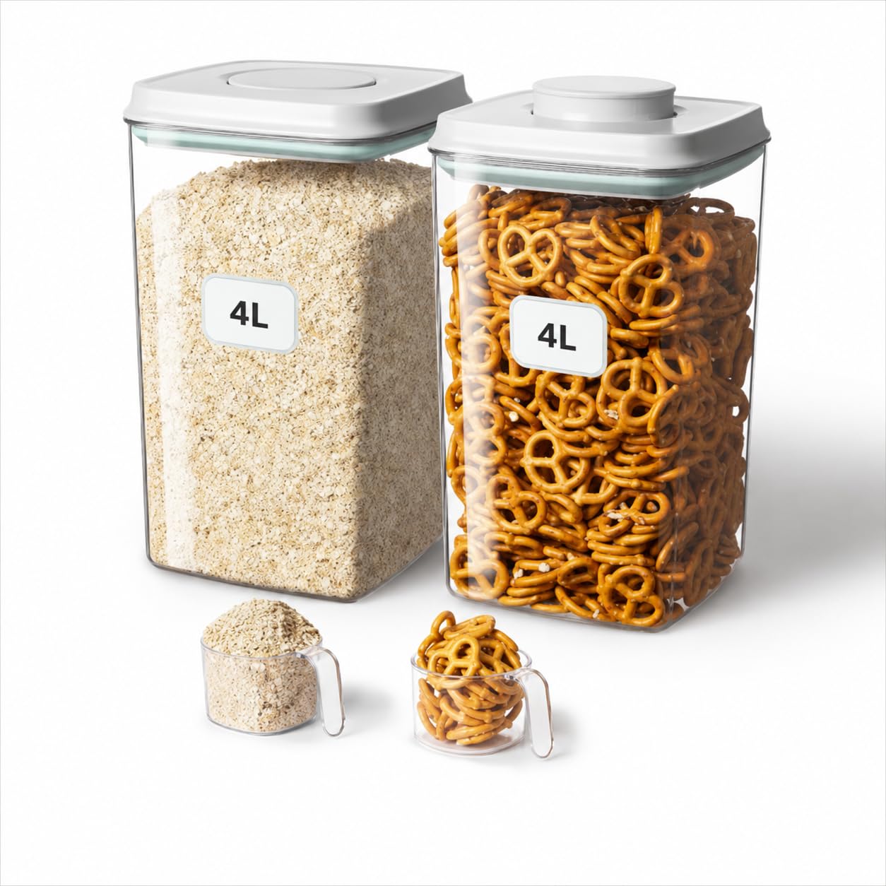 Zolirao 4L Airtight Food Storage Container, Stackable Square PET Pantry Jar with Press Button Lid and 130ml Measuring Cup for Rice, Grains, Flour and Dry Food (Set of 2)