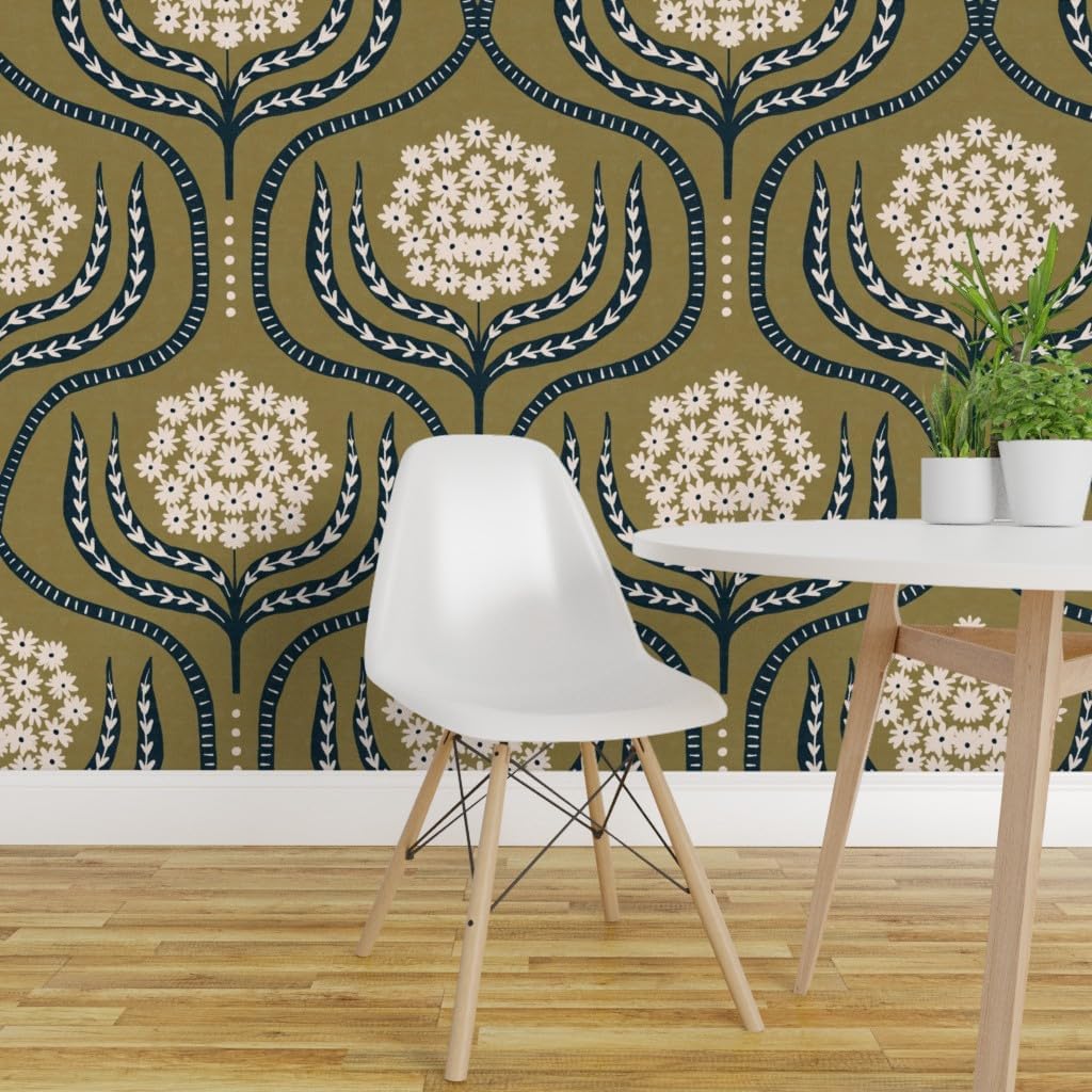 Spoonflower Removable Wallpaper 6ft x 2ft - Large Olive Green Minimal Floral Damask Simple Flower Custom Pre-Pasted Wallpaper