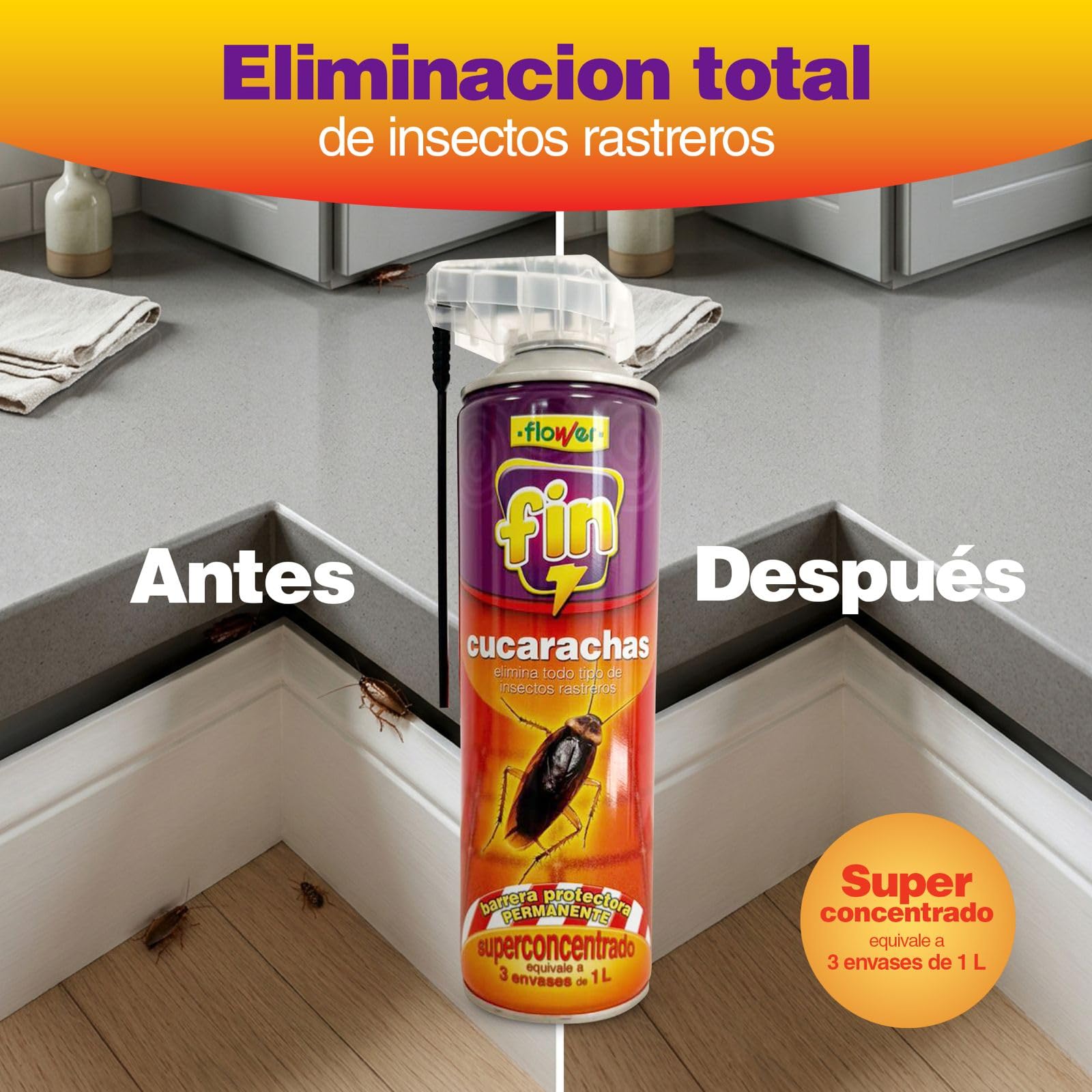 Flower x3 Insecticida Rastreros Spray Super Concentrado 650 ml | Aerosol Elimina Cucarachas, Hormigas e Insectos Interior y Exterior | Formula Potenciada | Canula para Grietas AntiCucarachas