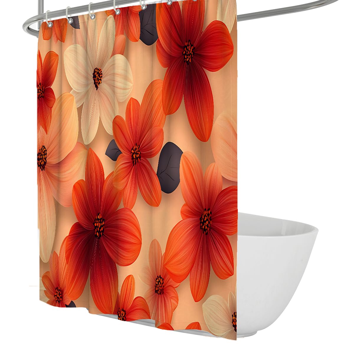Herbst-Orange-Blüten-Duschvorhang Daisy Naturalist Botanical Print Badevorhänge Wasserdichter Stoff Badezimmerzubehör mit Haken 180 x 220 cm