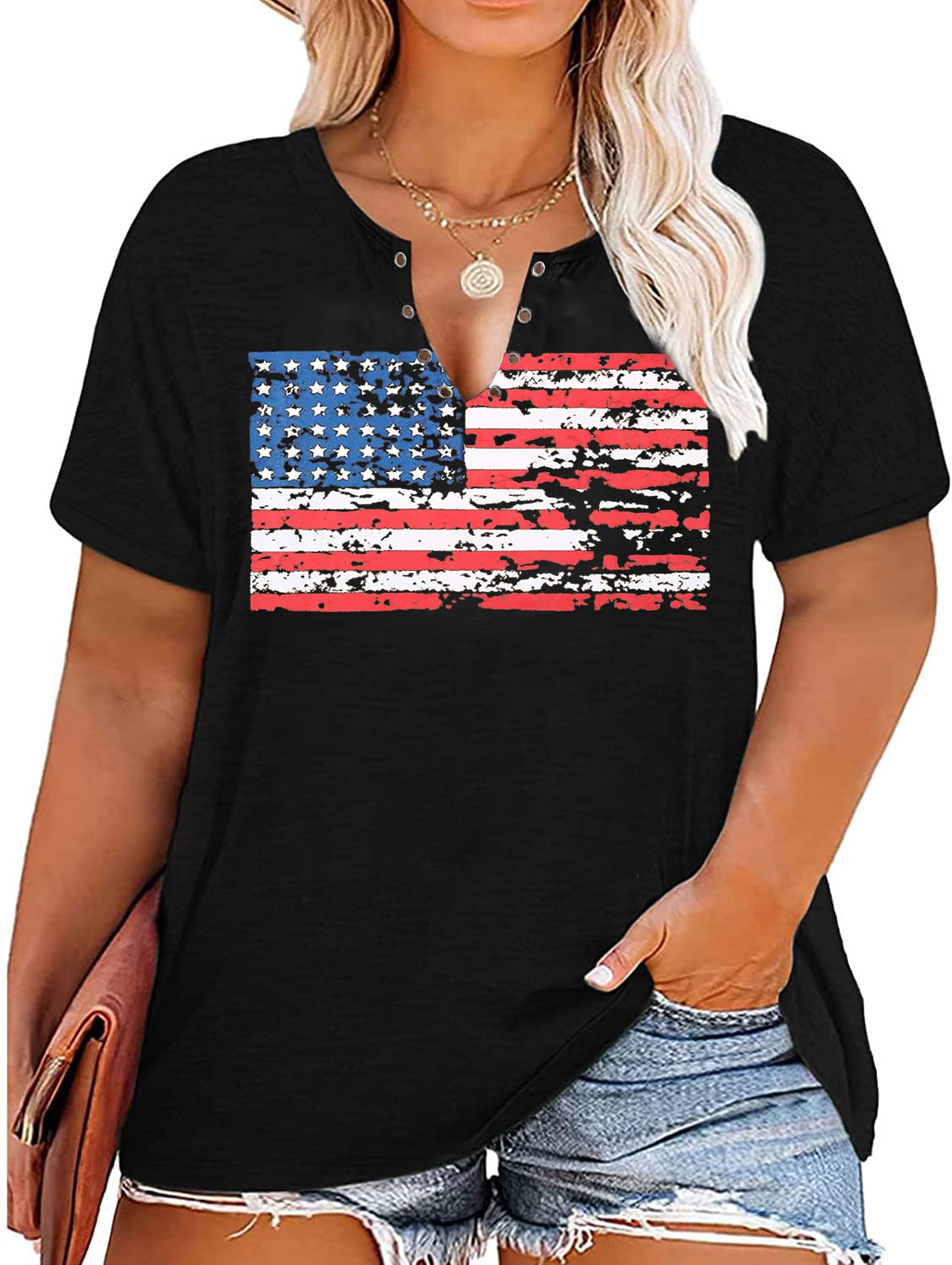 Plus Size USA Flag V-Neck T-Shirt Women Distressed American Flag Graphic Tees Short Sleeve 4th of July Patriotic Tops