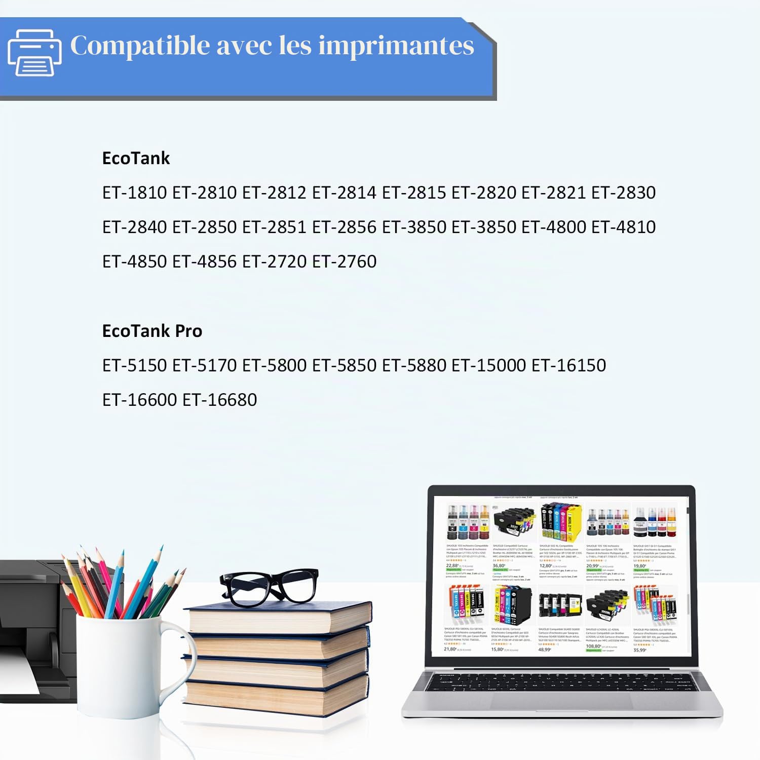 Sublimation 102 104 encre compatible avec Epson ET-2400 ET-2720 ET-2760 ET-2800 ET-2803 ET-2815 ET-2820 ET-2830 ET-2840 Imprimantes à jet d'encre pour tasse, gobelet, T-shirts Transfert de chaleur(4P)