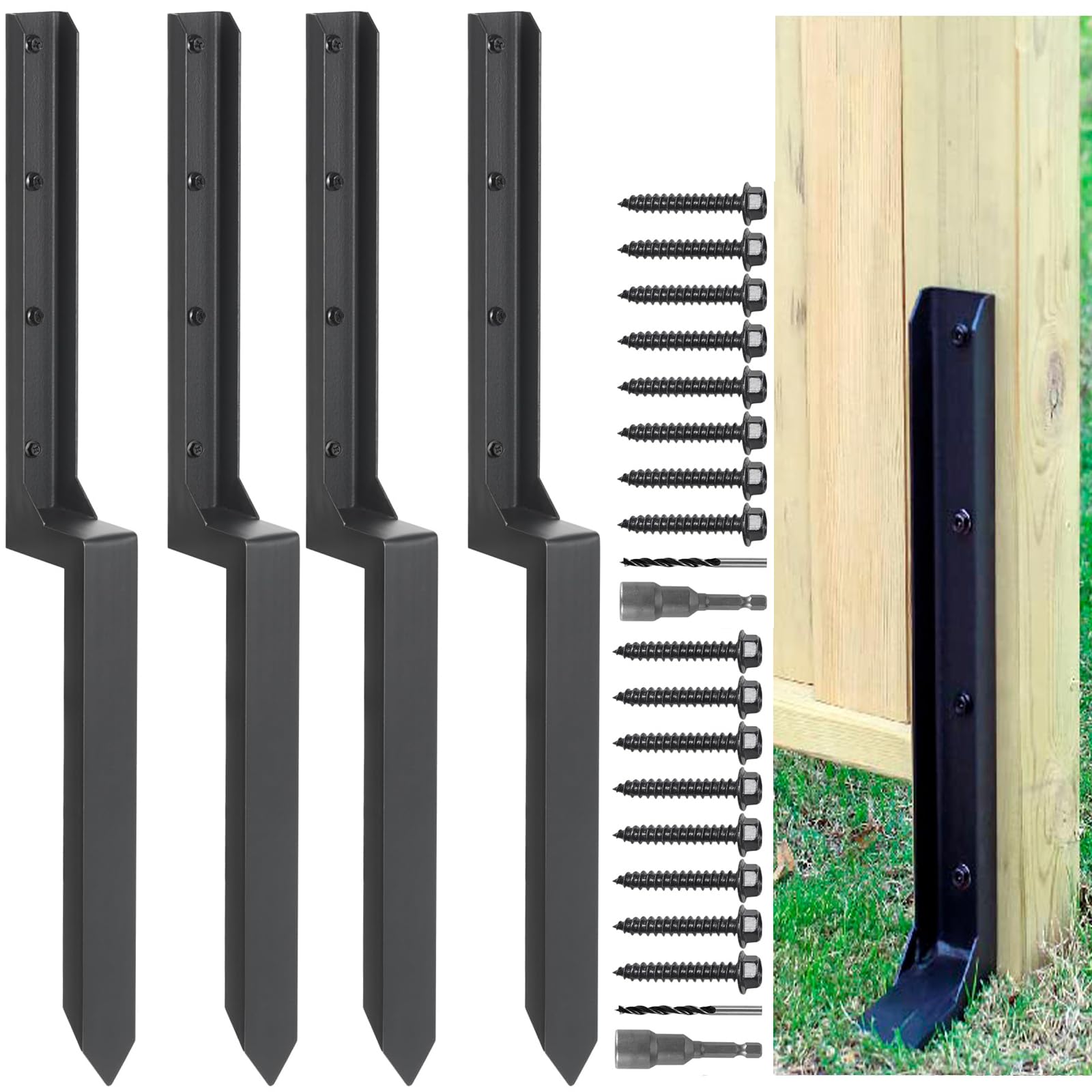 Heavy Duty Steel Fence Post Repair Stakes - 4 Pack Ground Spike for Tilted or Broken Wooden Fence Posts, Durable Garden Fencing Solution โ image 1