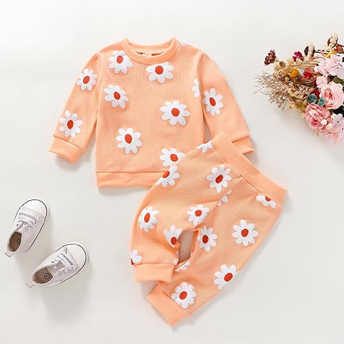 Miniatura 6 de WALLARENEAR Conjunto de 2 piezas de sudadera con cuello redondo y pantalones largos para recién nacidas y niñas con estampado de flores