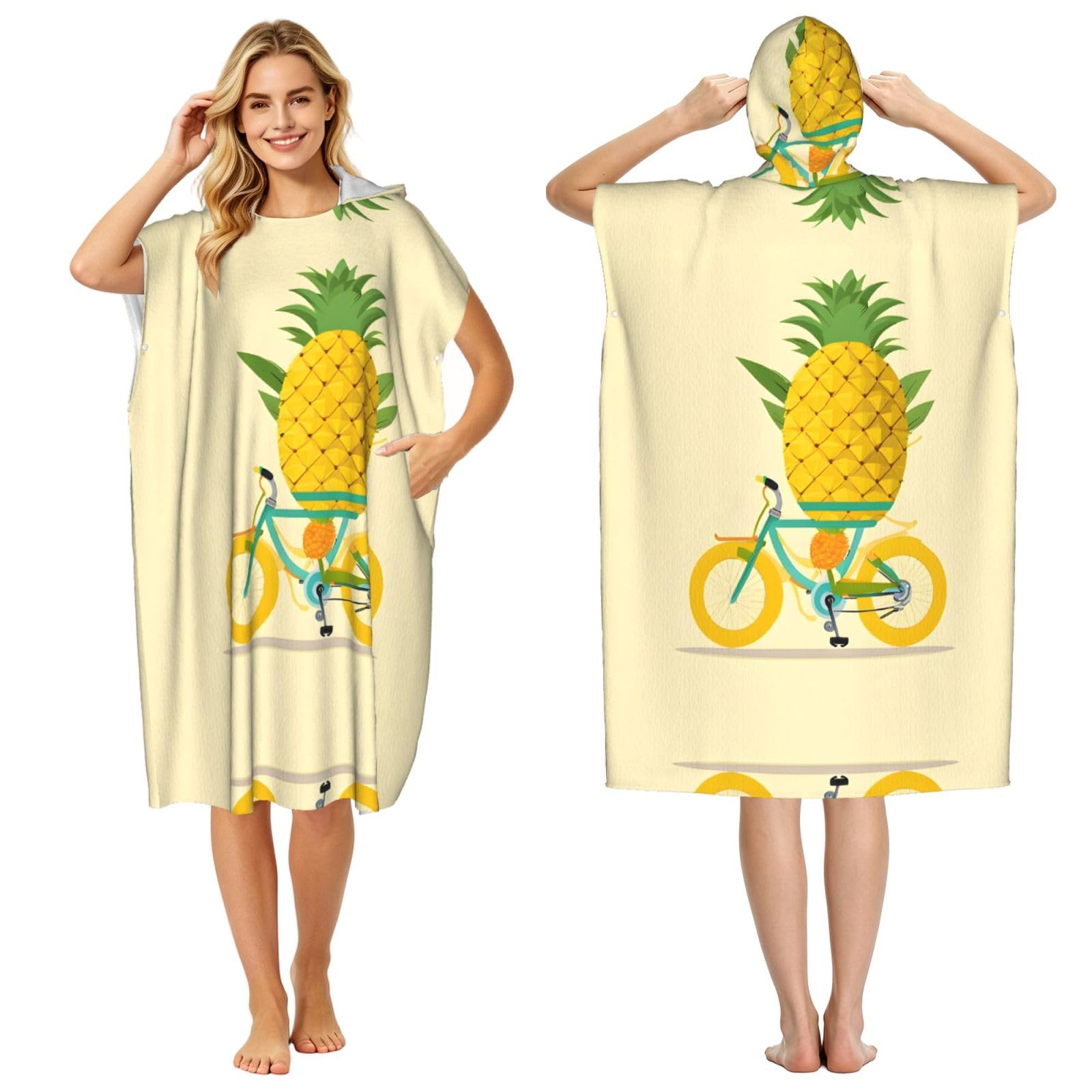 EZDLOWVBA Pineapple Print Hooded Poncho Microfiber Beach Towel,Adult Women & Men Changing Robe,Lightweight Summer Surf Swim Bath Poncho Towel