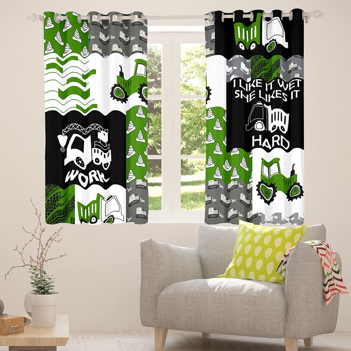 Cortinas de ventana de tractor de cosechadora verde, sueños de construcción para niños, cortinas opacas de coche de dibujos animados (30%-50%) para equipos agrícolas, maquinaria, camión, decoración d