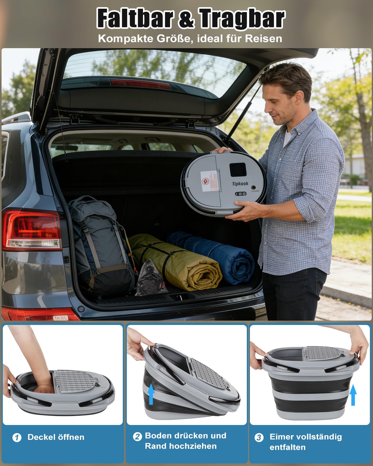 Campingdusche Tragbare 13000mAh Camping Dusche mit Pumpe 20L Klappbarer Eimer USB-Aufladung