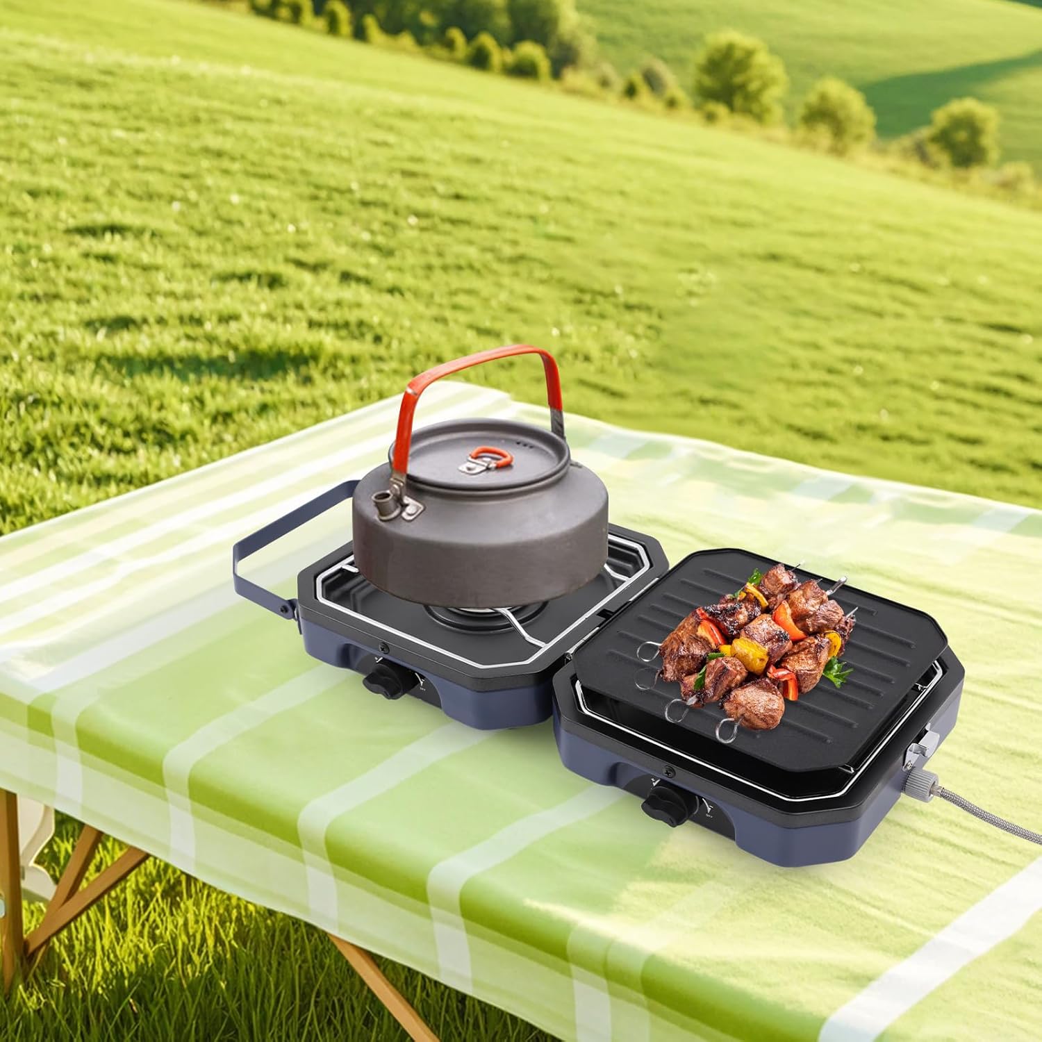 Portable 2 Burner Camping Stove, Mini Foldable Gas Camp Stove with Frying Pan, Griddle, Folding Propane Burner Adjustable for Propane, Outdoor Backpacking Cooking Kit