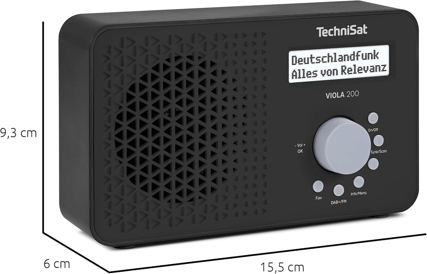 TechniSat VIOLA 200 radio with dimensions labeled: 15.5 cm length, 6 cm width, 9.3 cm height.
